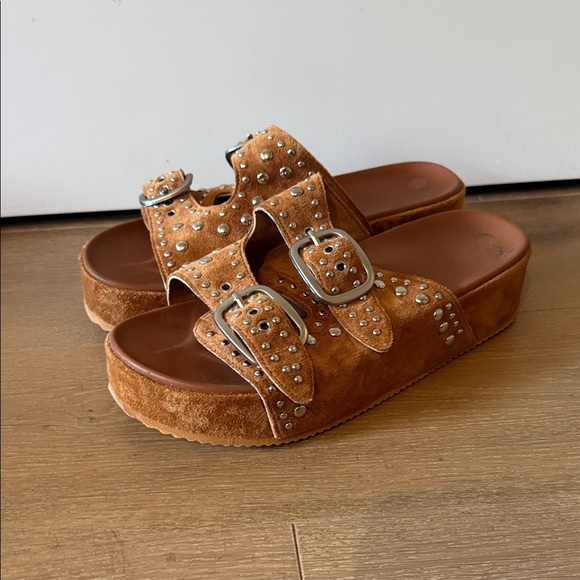 Shoes - Studded Suede Platform Slide Sandals - Tan